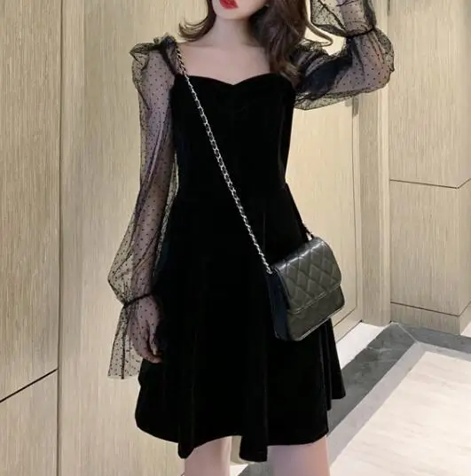 Черное рождественское сексуальное вечернее платье женское осеннее Сетчатое