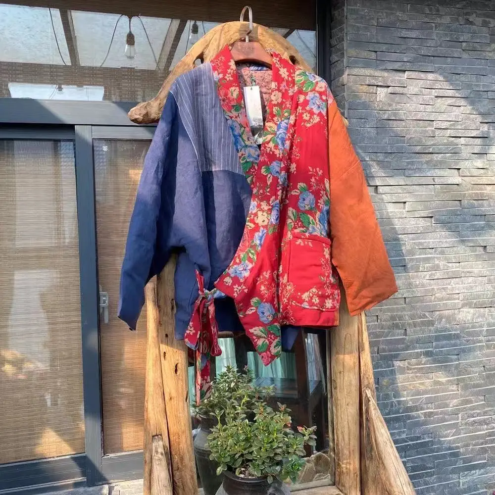 

Loose Thick Warm Parkas Winter New Retro Patchwork Cotton Linen Lace Up Coat Chinese Style Print National Leisure V-neck Parkas