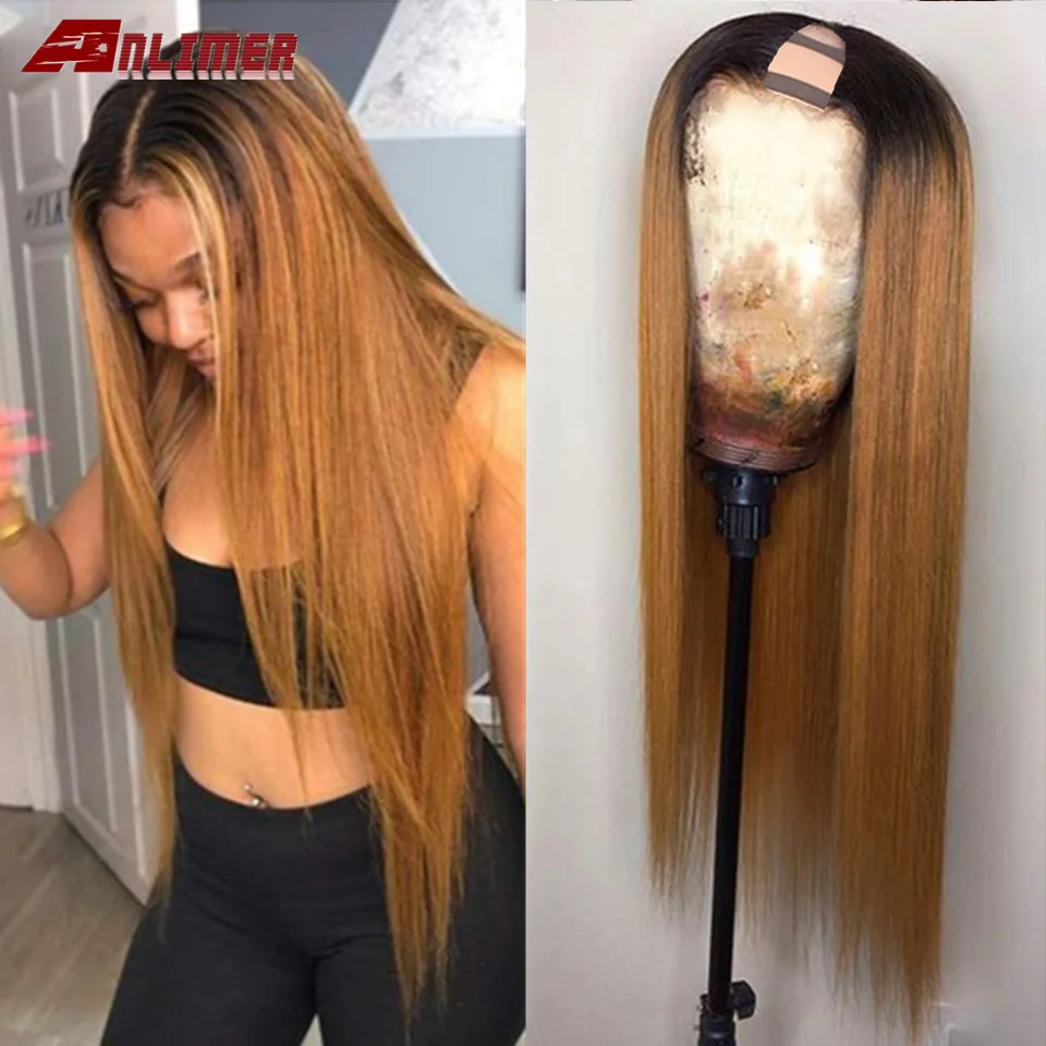 T#1B/27 U Part Human Hair Wigs Brazilian Straight Human Hair Wigs Ombre Color Glueless U Part Blonde Hair Wigs For Women