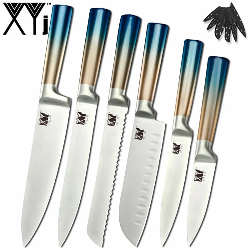 A. 6 PCS Set XYj шеф-повара из нержавеющей стали 8 комплект ножей 8 ''Держатель ножей острое лезвие градиентная цветная ручка Santoku утилита для нарезки хлеба - Цвет: A. 6 PCS Set