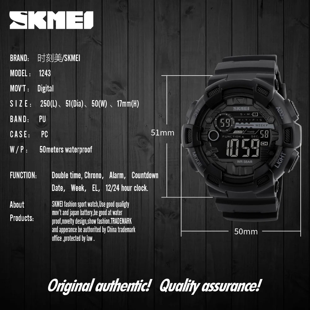 

SKMEI Outdoor Sport Watch Men Multifunction 5Bar Waterproof PU Strap LED Display Watches Chrono Digital Watch reloj hombre