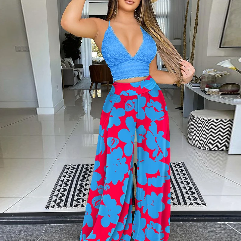 

Women Two Piece Set 2021 Summer Sexy V-Neck Sling Solid Tops And Printed Wide Leg Pant Suits Office Lady Fashion Casual Outfits