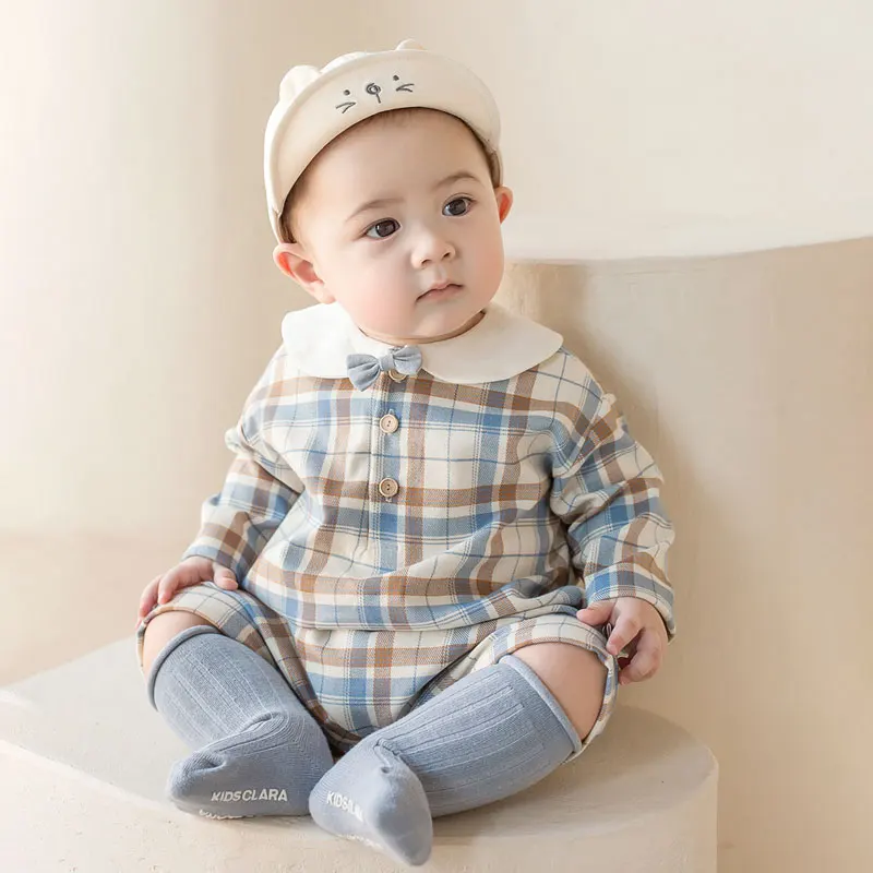 

2021 Baby Boys Romper Spanish Korean Kids Plaid Jumpsuit Children Cotton One Piece Clothes Newborn Boys Birthday Party Jumpsuit
