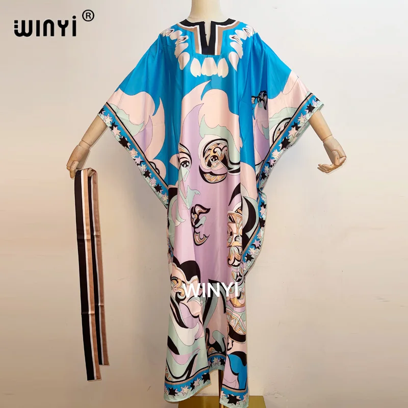

WINYI 2020 Long Length Dress Women Silk Print Vacation Bohemian Batwing V Collar Over Size Elegant New Fashion Tide