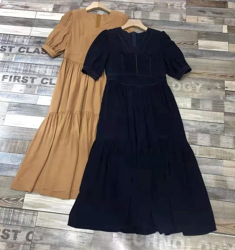 

Quality New Top Women's Dress 2021 Summer Ladies V-Neck Color Block Stitching Ruffle Patchwork Mid-Calf Khaki Dark Blue Dress