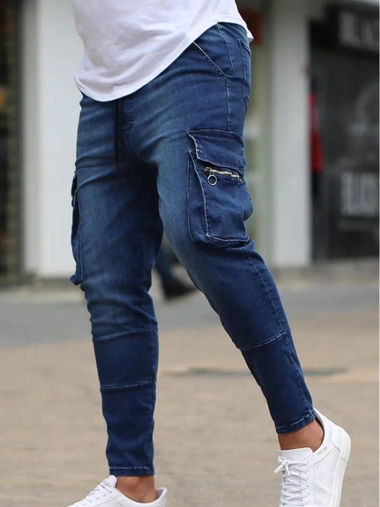 Spring Men's Plus-Size S-3XL Black Blue Fashion Casual All-Match Side Pocket Small Leg Pants Tight-Rope Jeans