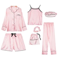 pink womens 7 pieces pajamas sets faux silk striped pyjama women sleepwear sets spring summer autumn homewear