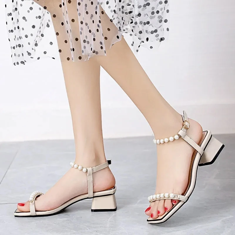 

Pearl Buckle Strap Sandals For Women 2022 Summer New Open Toe Thick Heel Heighten Heels Korean Fashion Casual Sandals Female