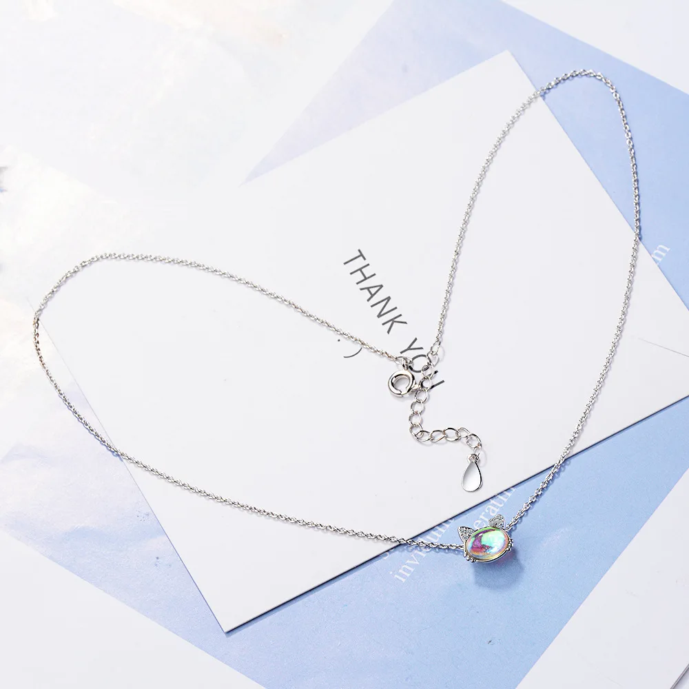 

Luxury 925 Sterling Silver Necklace Chain Cat Artificial Moonstone Pendants Link Women Wedding Party Accessory Jewelry Gift