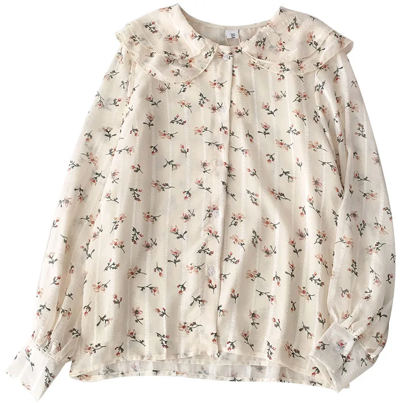 

sweet floral chiffon women shirts 2020 summer new turn-down collar long-sleeved loose female elegant outwear tops