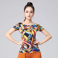 new adult female half sleeved practice clothes fashion print latin dance tops women ballroom dance stage performance costumes