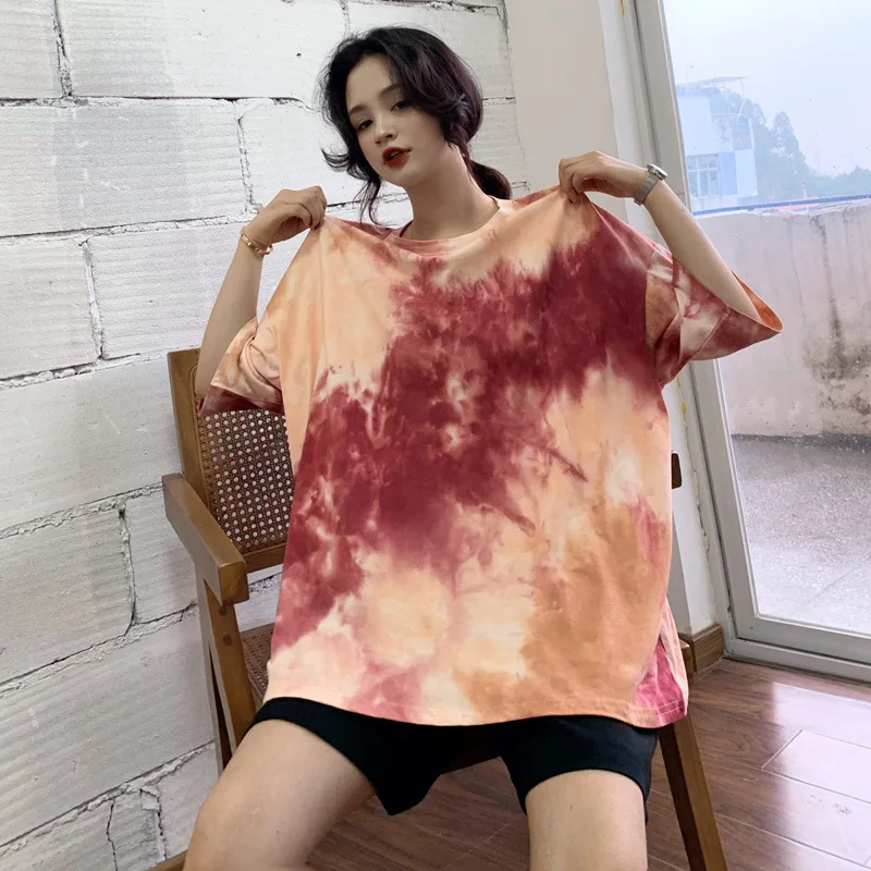 

Short Sleeve T-shirts Women Tie-dye O-neck Chic Plus Size 2XL Oversize Tees Teens Womens Harajuku High Street Ulzzang Ins Tops