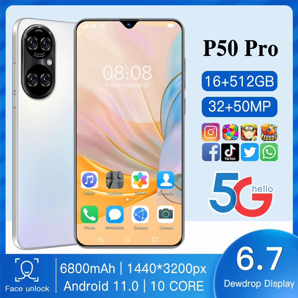 

P50pro 6.7Inch Smartphone 6800mAh Android 11 Dual SIM 5G 32MP+50MP HD Camera Face Wake 16GB+512GB Global Version CellPhone