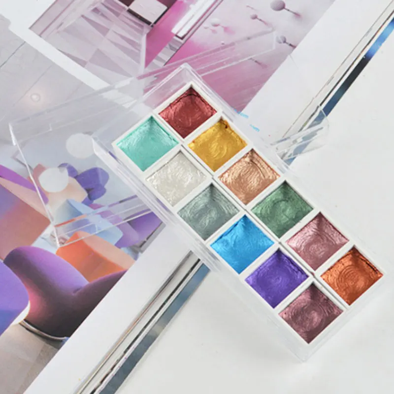 12 цветов портативные блестящие акварельные краски в наборе металлические