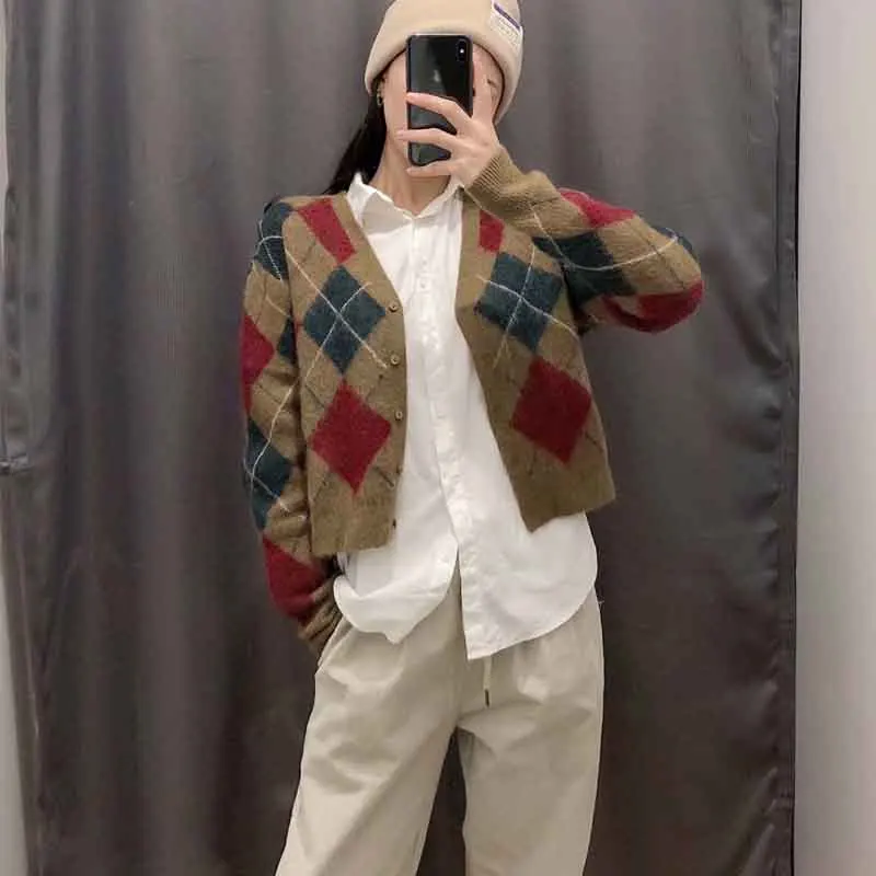 

Za 2020 Vintage Rhombic Women Knitted Cardigan Sweater Female Autumn Winter Fashion V Neck Long Sleeve Cardigan Top Sweater