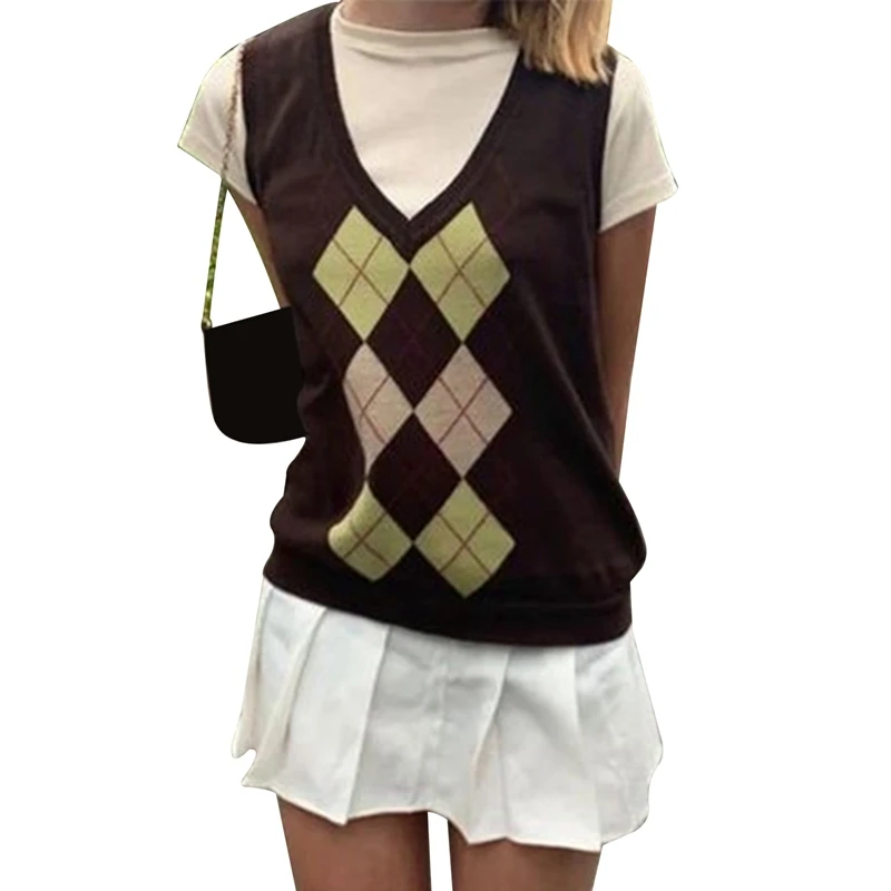 

Plaid Knitted Womens Sweater Vest England Preppy Style Y2K Clothes V Neck Casual 90S Knitwear Autumn Streetwear Brown