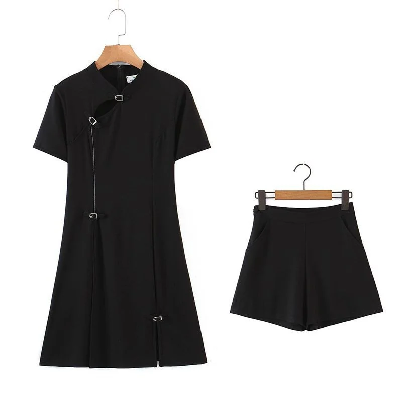 

IEQJ Black Casual Asymmetry Short Sleeve Cheongsam + Shorts Set New O-neck Black Loose Women Fashion Spring Autumn 2021 3F1688