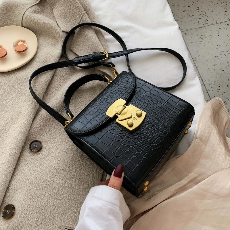 Черный Mini Stone Pattern из искусственной кожи через плечо сумки для Для женщин замок дизайнерские сумки через плечо сумка Женская дорожная Сумки - Цвет: Черный