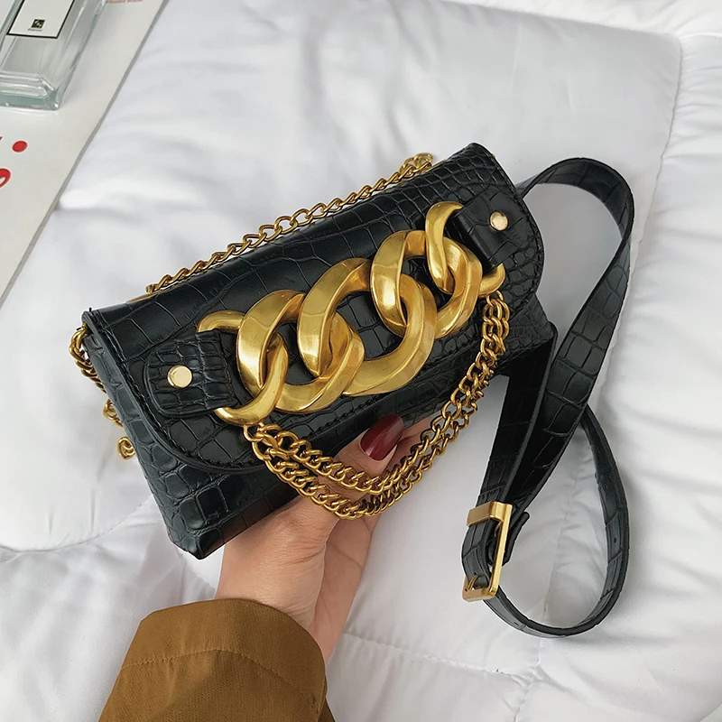 

Trends Mini Stone Pattern PU Leather Crossbody Bags for Women Luxury Fashion Metal Chain Shoulder Purses Chest Belt Bag Clutch