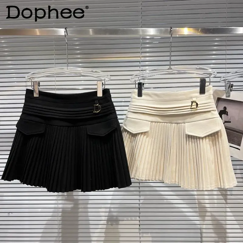 

Preppy Style Letter Metal Black Short Woolen Skirt Women A-Line Pleated Skirt 2021 Fall Winter New Sports Pettiskirt Mini Faldas