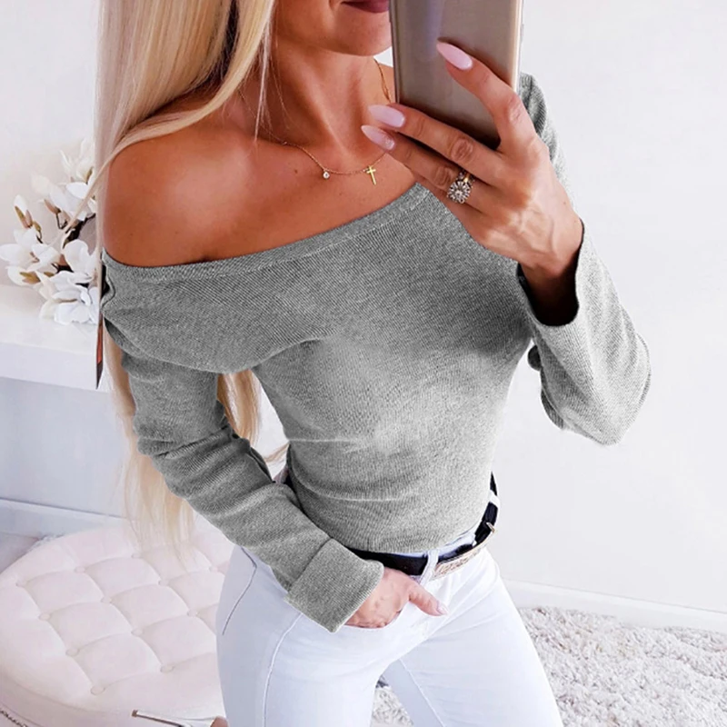 Сексуальная Женская Осенняя футболка с длинным рукавом круглым вырезом