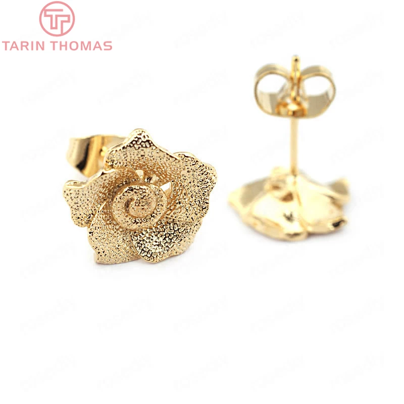 

(33721)6PCS Rose 11.5MM 24K Gold Color Brass Frosted Rose Flower Stud Earrings Pins High Quality Jewelry Findings Accessories