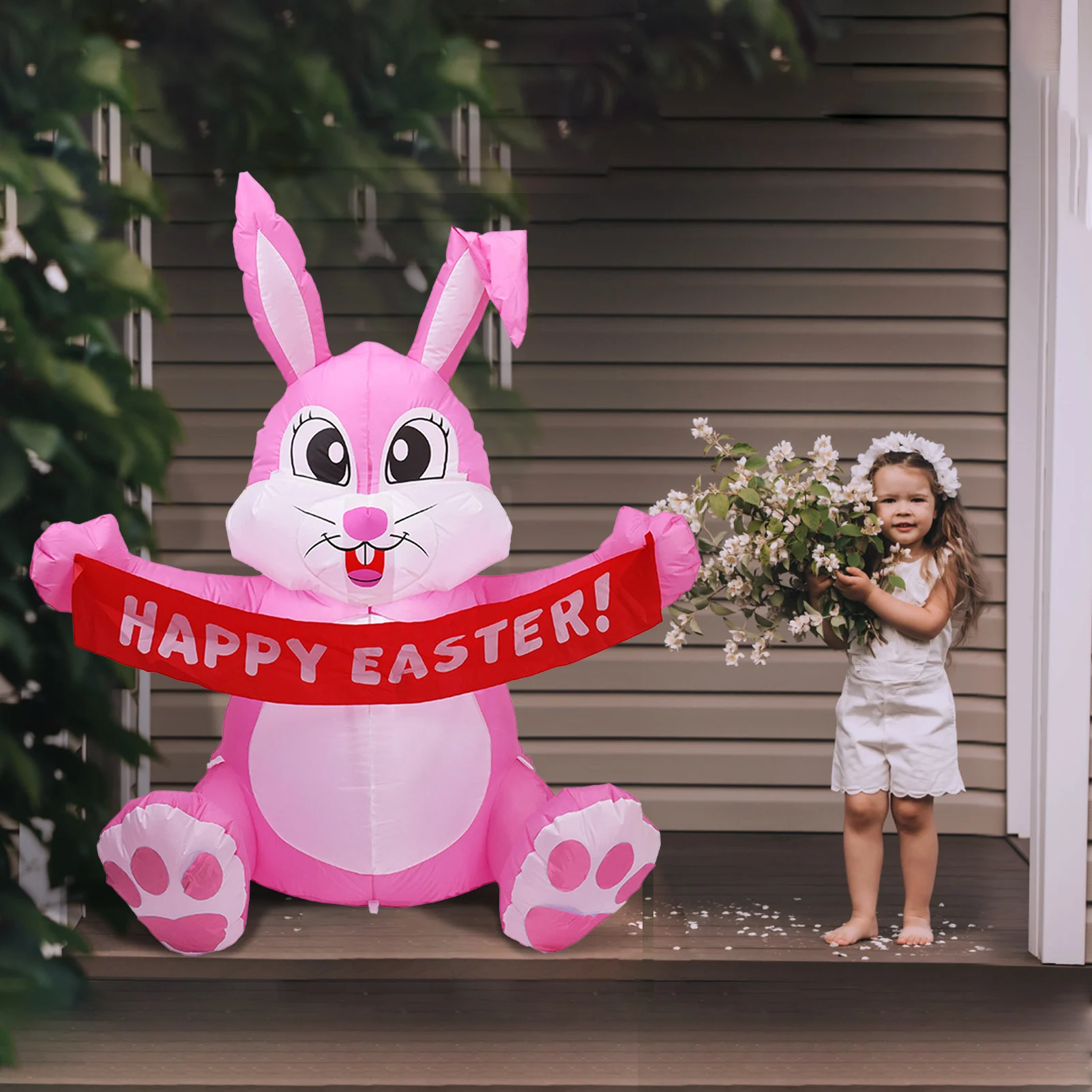 

1.5m LED Luminous Inflatable Pink Cute Rabbit 4.9ft Easter Inflatable Easter Bunny Party Decoration Yard Inflatable Garden Decor