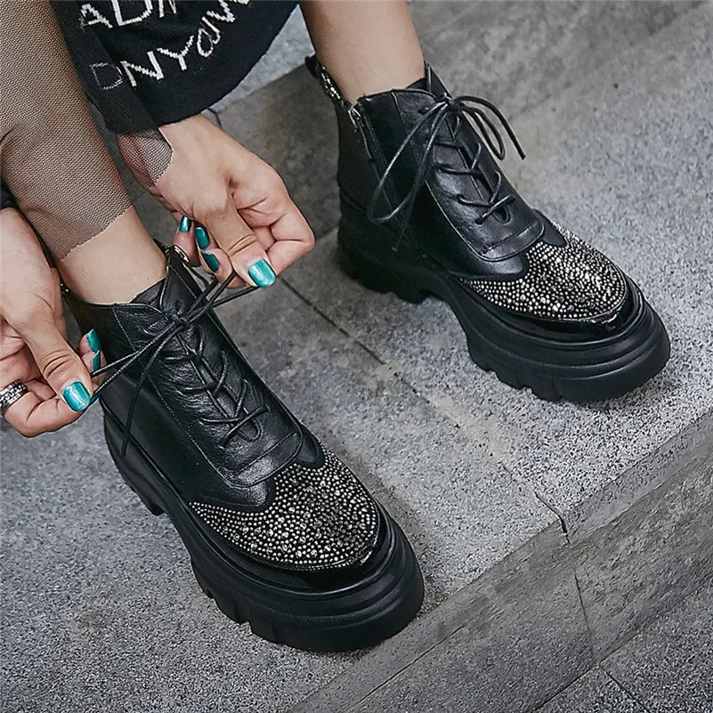 FEDONAS Winter Basic Women Ankle Boots Rhinestone Casual Platform Shoes Woman Genuine Leather High Heeled Party Short Boots