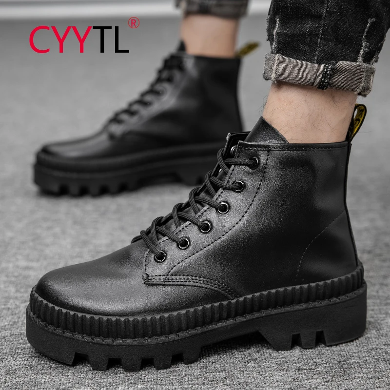 

CYYTL Men's Motorcycle Ankle Boots Leather Thick Sole Platform Shoes Waterproof Outdoor Walking Increased Casual Booties for Boy