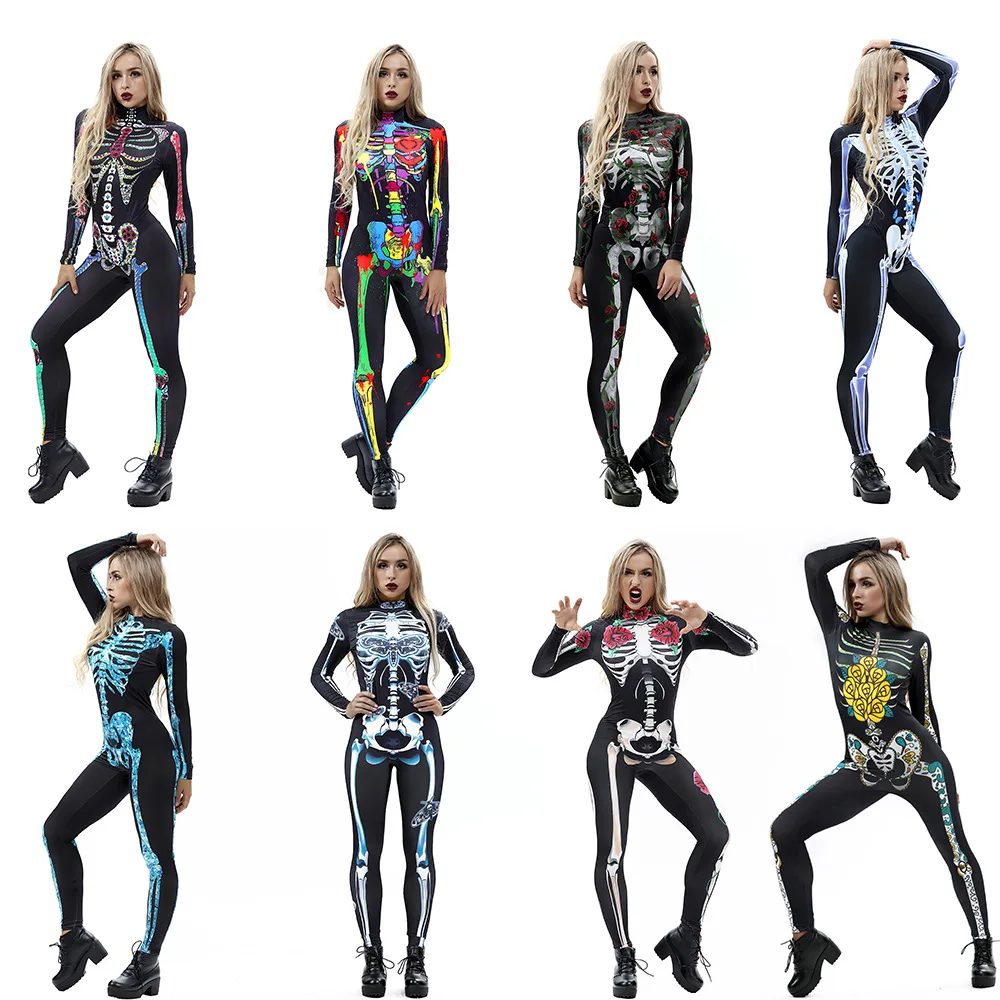 

Halloween cosplayhot skeleton printing women's clothing clothing zipper long-sleeved jumpsuits Vispera de Todos los Santos