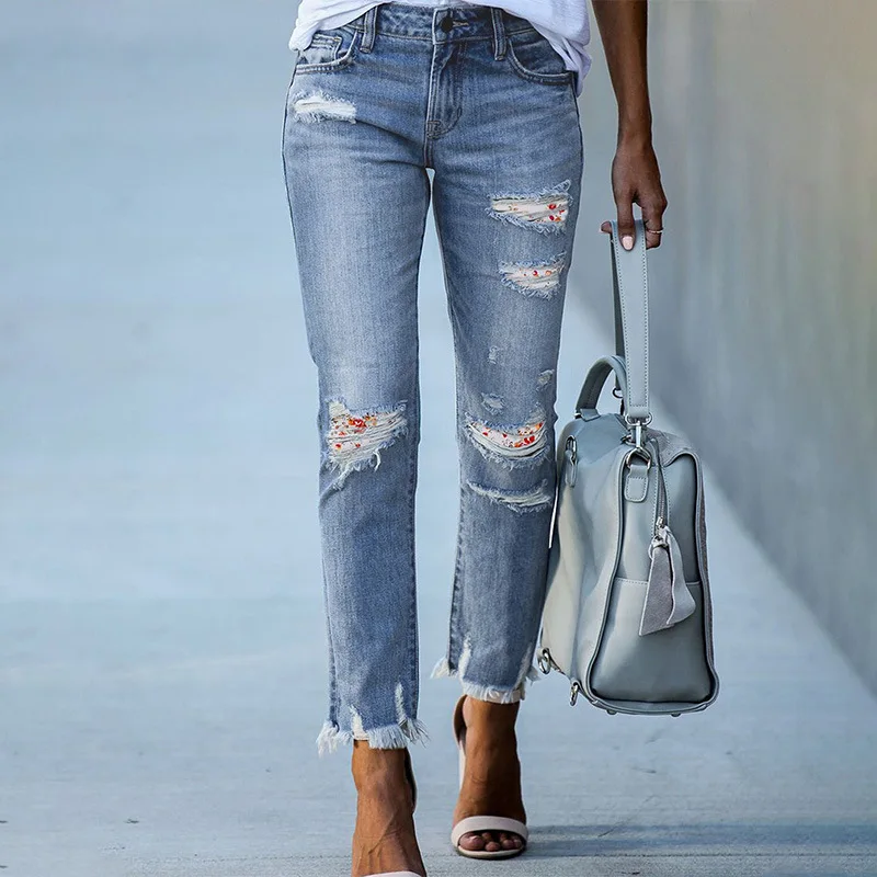

2021 summer new style washed frayed jeans women's European and American slim cropped trousers