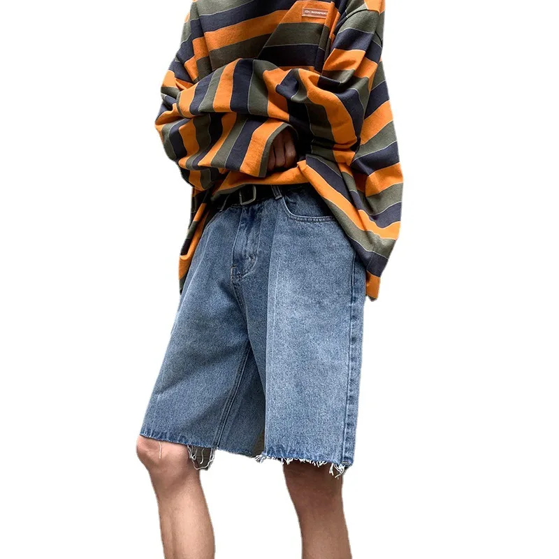 

New Summer 2021 Rough-cut Jean Shorts for Men Wearing Wide Leg Loose Straight Midpants