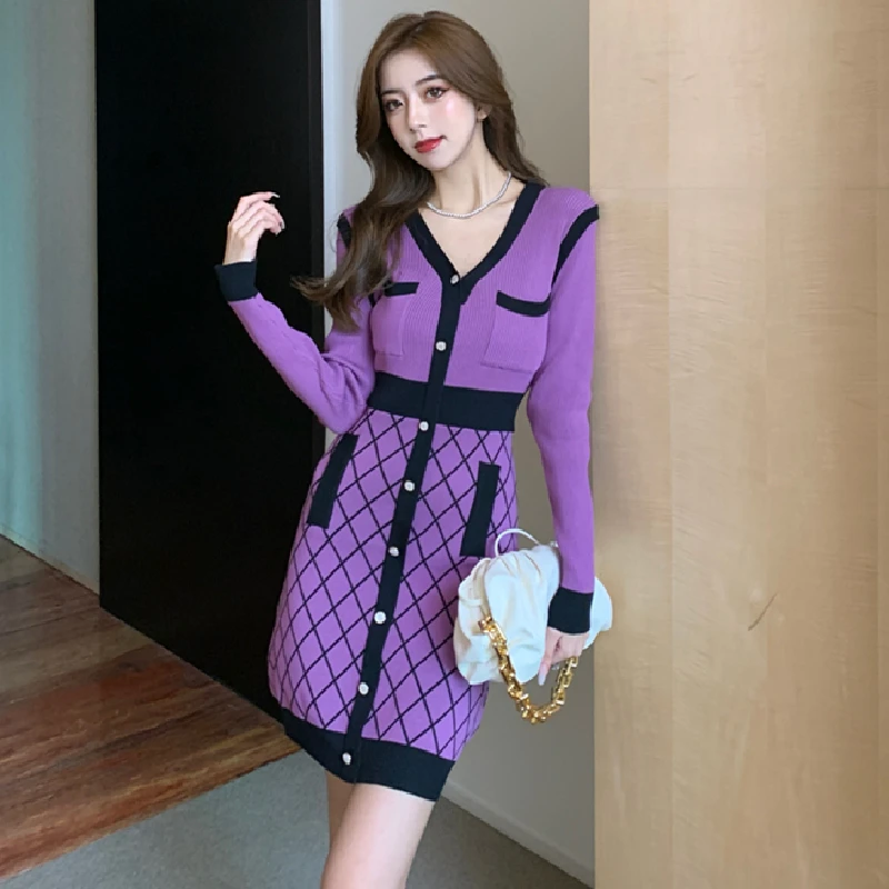 

Sweater Dress Korean 2021 Autumn Winter Splicing Slim Buttocks Ladies One Piece Women'S Clothing Knitted Dress Feminine Clothes
