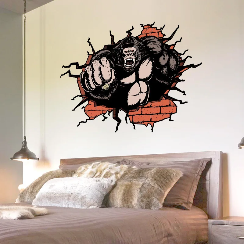 

Removable 3D wall sticker broken wall orangutan creative living room paper painting PVC waterproof decoration sticker