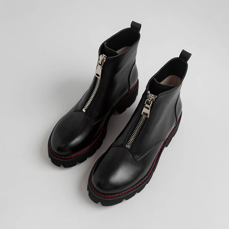 Женские ботинки; ботинки из натуральной кожи; черные ботинки Martens; женские ботильоны; мотоботы; зимняя обувь на платформе и толстом каблуке