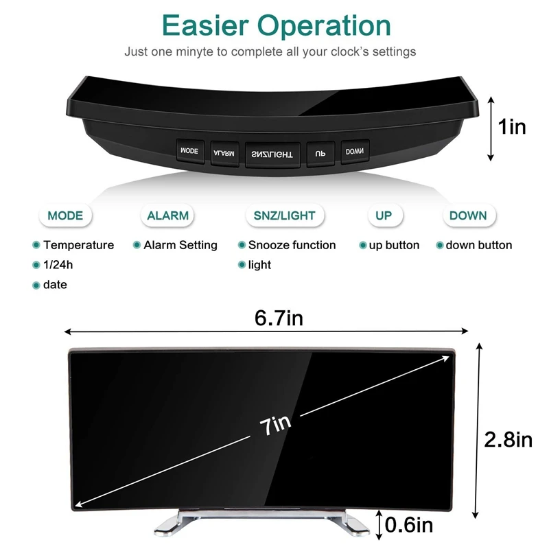 Цифровой будильник со звуковым сигналом 7 дюймов изогнутый затемнения