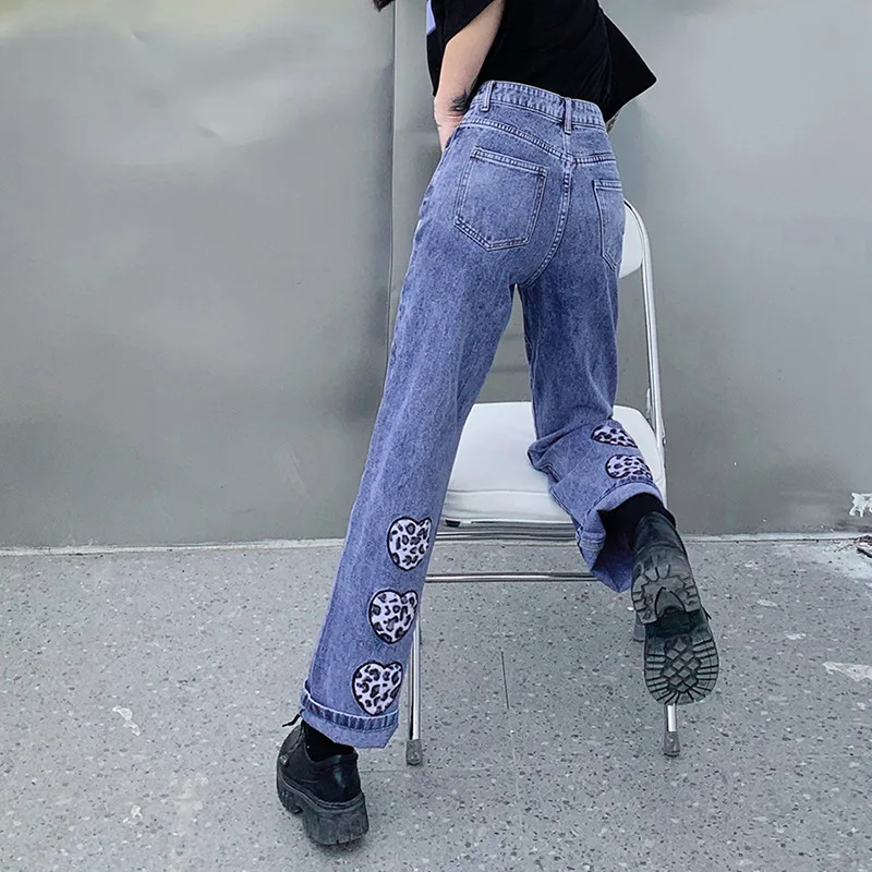 

Женские широкие брюки с вышивкой сердца, Модные свободные джинсы с высокой талией в стиле ретро, уличные джинсовые брюки в стиле инди, Y2k, лет...
