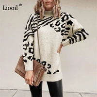 leopard print turtleneck knitted sweaters for women ladies long sleeve baggy jumpers thick mock neck pullovers autumn winter