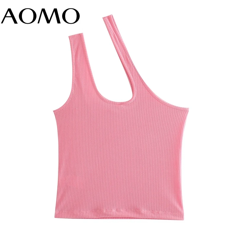 

AOMO Women Pink Strethy Cropped Tanks Top Sleeveless Backless Female Hollow Out Knit Tops QJ36A
