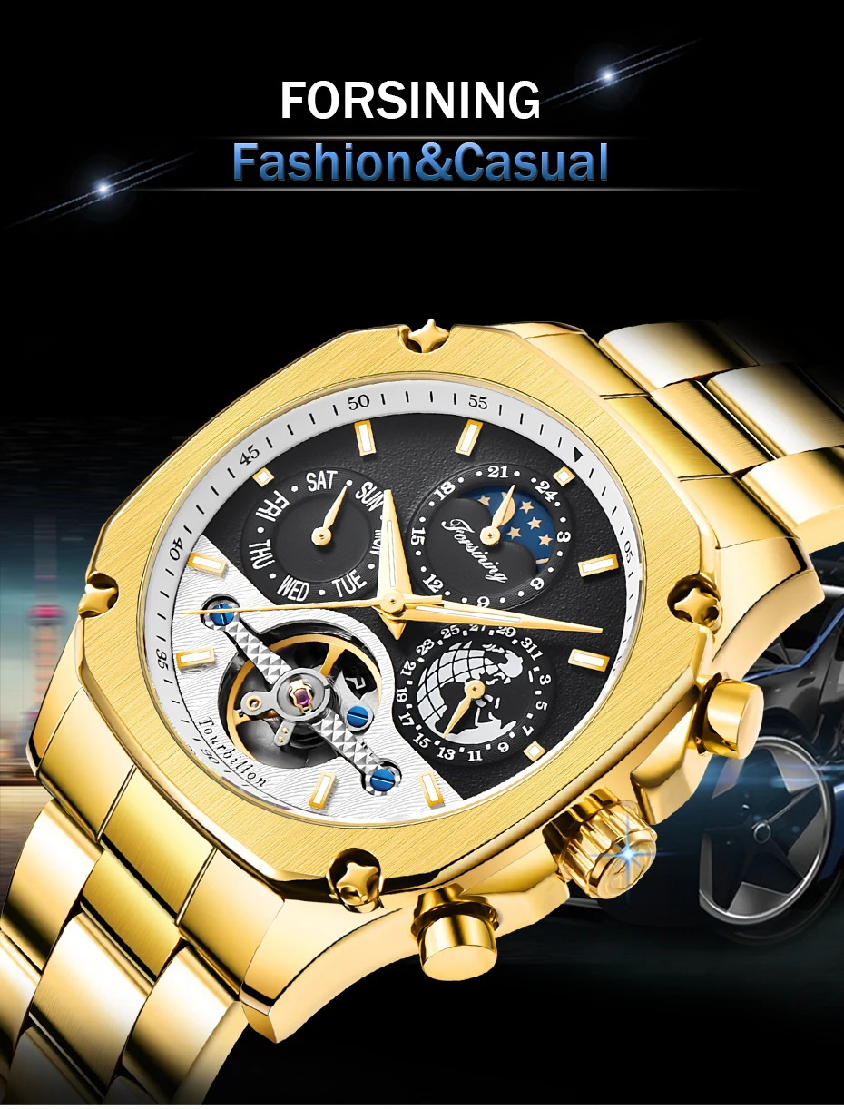 FORINING брендовые модные автоматические механические часы мужские часы Moon phase Tourbillon часы для мужчин s подарки часы Relogio Masculino