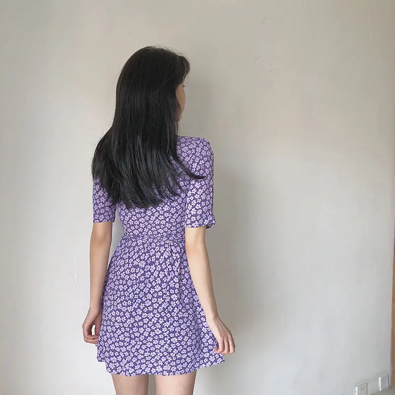 

Sukibandra Vintage Short Sleeve Purple Floral Print Beach Wrap Dress Summer Sexy Women Short V Neck Lace Up Dresses Clothing