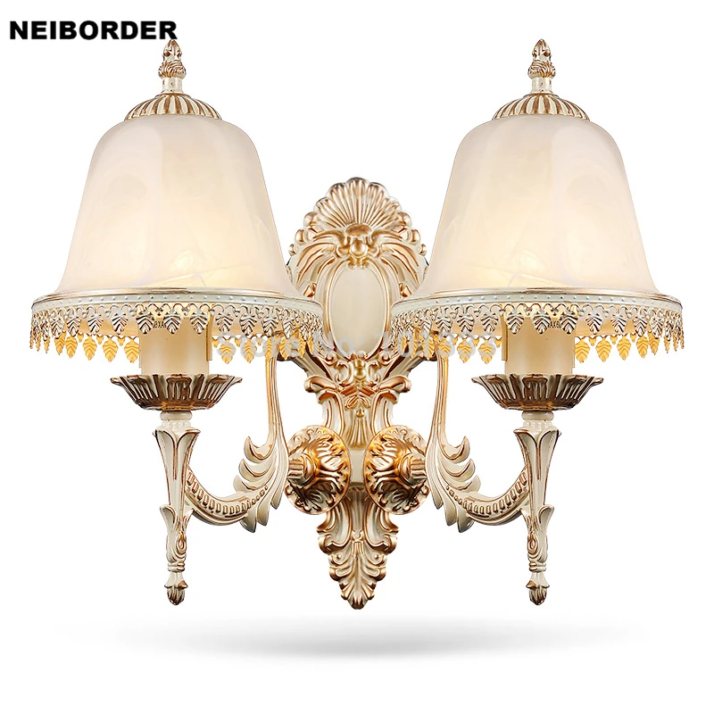 

European Style Double Headed Wall Lamp For Bedroom Bedside Glass Lampshade Home LED Wall Light Lighting Source