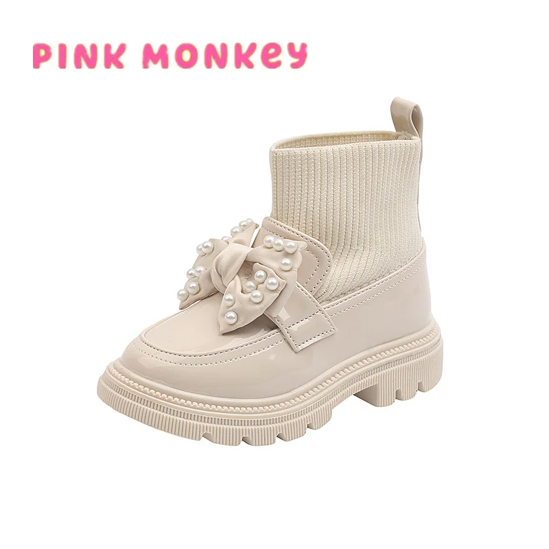 

Kids Slip-on Shoes Girl Knit Ankle Patent Leather Boots Pearl Bowknot 2021 Child School Uniform Dress Thick Bottom Shoe 26-36