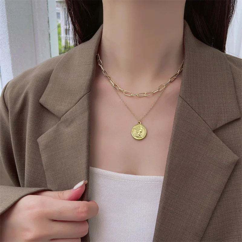 

Adolph Korean Head Coin Pendant Necklace Gold Round Multilayer Statement Chain Choker Collar Necklaces Jewelry For Women New