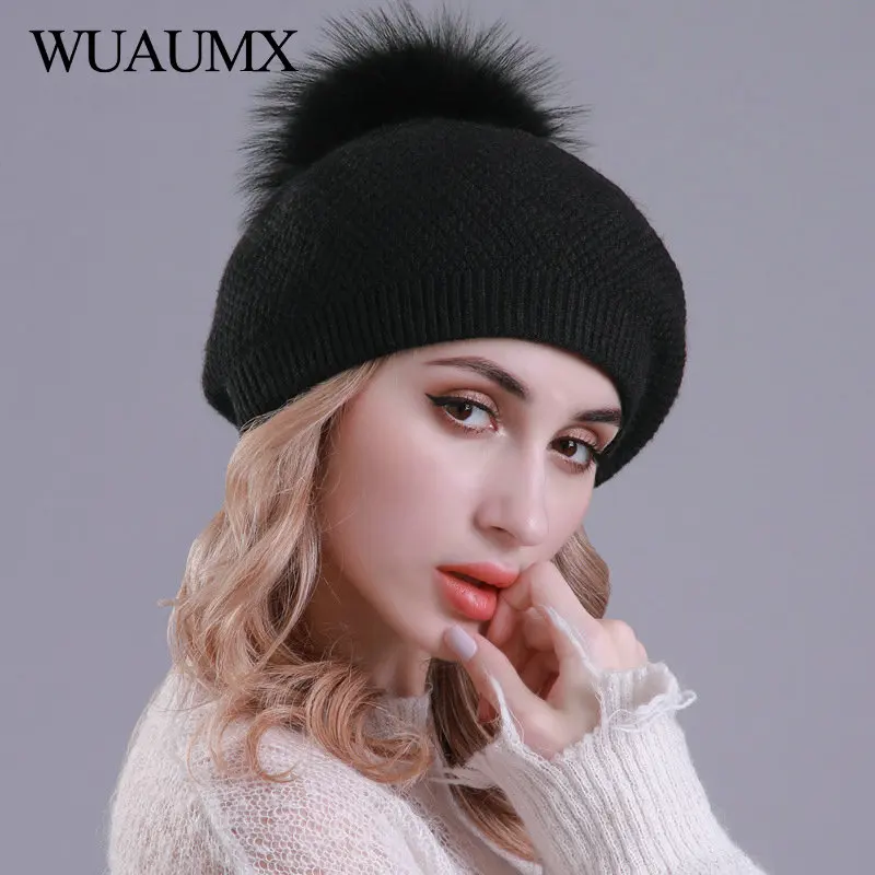 Wuaumx, модные зимние женские шапки, двойной слой, шерсть, вязаные шапочки, шапка, натуральный мех, помпон, шапки, теплые, Skullies, шапка для женщин