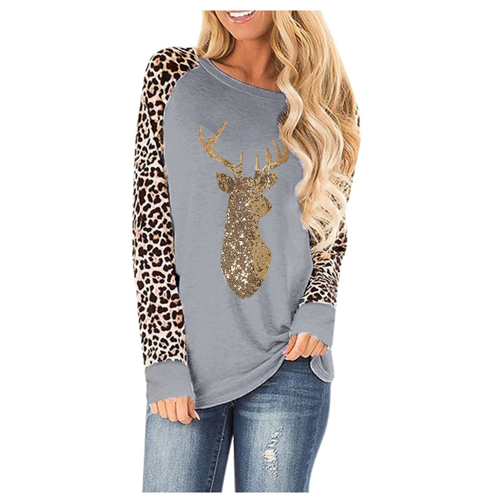 

Casual Female Long Sleeve T Shirt New Christmas Top Home Wear Christmas Elk Print Tops Tee Women Leopard Sleeve T-shirt