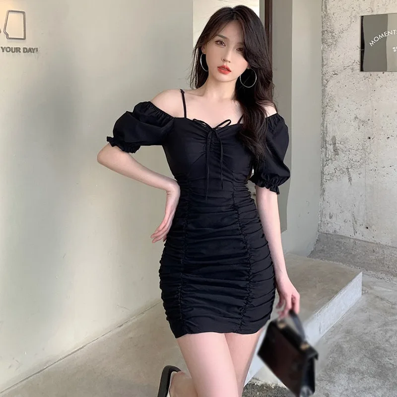 

Spring Summer Ladies Short Sleeve Lace Up Sexy Dress Elegant Women Square Neck Pleated Dress