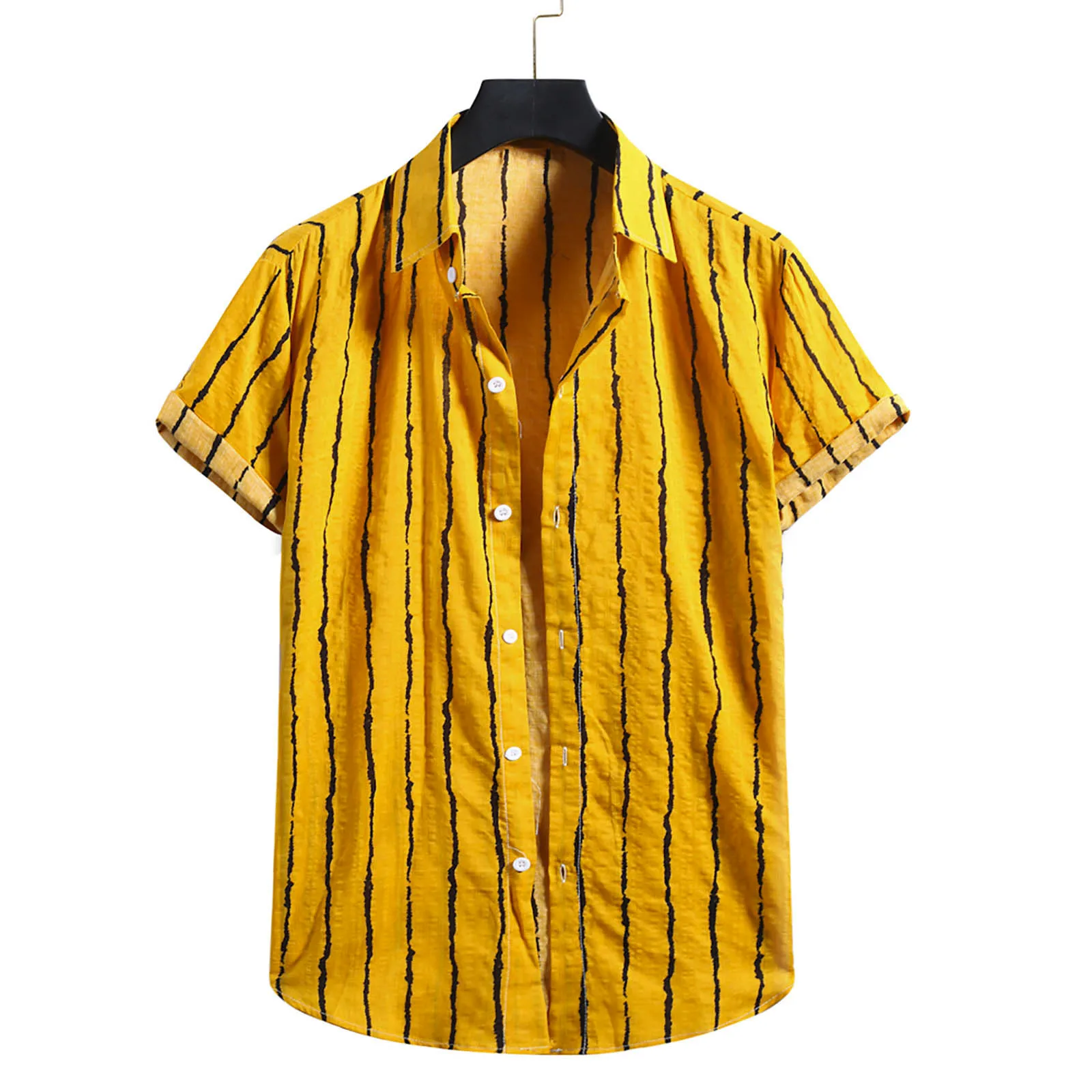 

Men's Fashion Cotton Linen Stripe Print Short Sleeve Button Shirt Blouse Top