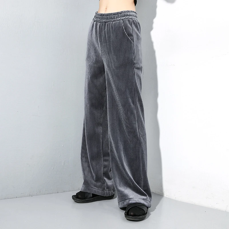 [EAM] High Elastic Waist Black Long Velvet Wide Leg Trousers New Loose Fit Pants Women Fashion Tide Spring Autumn 19A-a25