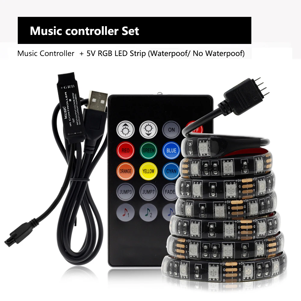 Music Controller Светодиодная лента USB 5050 RGB сменная 5 в водонепроницаемая/без водонепроницаемости 0,5 м 1 м 2 м с контроллером USB Набор DIY ТВ декоративный светодиодный светильник - Испускаемый цвет: Music Controller